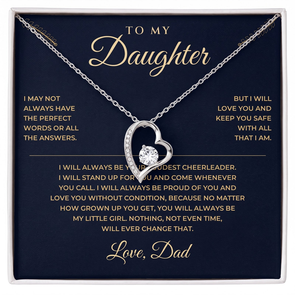 The To My Daughter card from Dad with the white gold heart necklace in its gift box