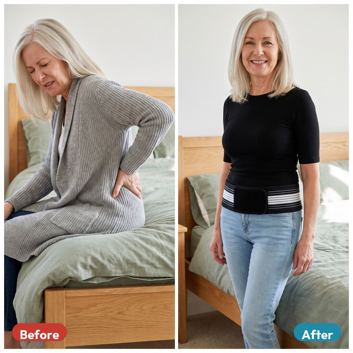 A woman with lower-back pain before, and standing comfortably wearing the LENDA belt after