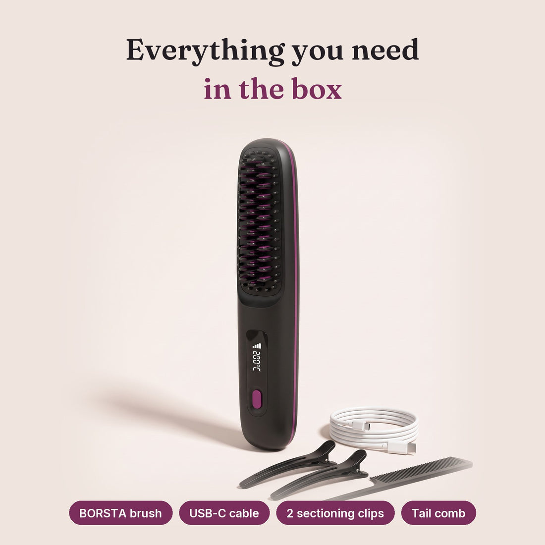 In the box: brush, USB-C cable, 2 sectioning clips, tail comb