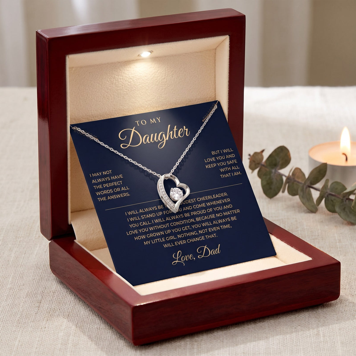 White gold necklace in the luxury mahogany box with LED light