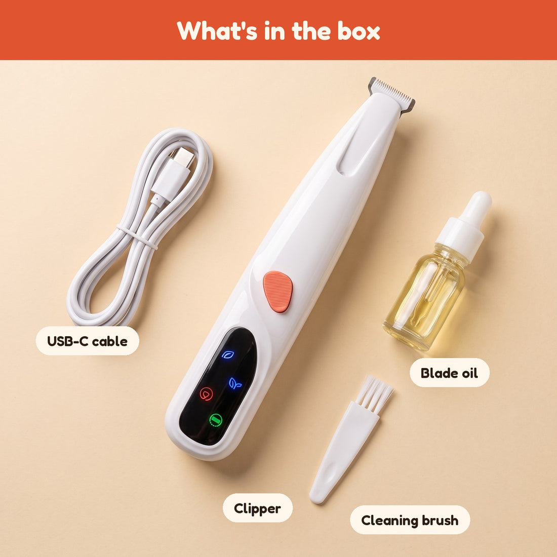Clipper, charging cable, blade oil and cleaning brush