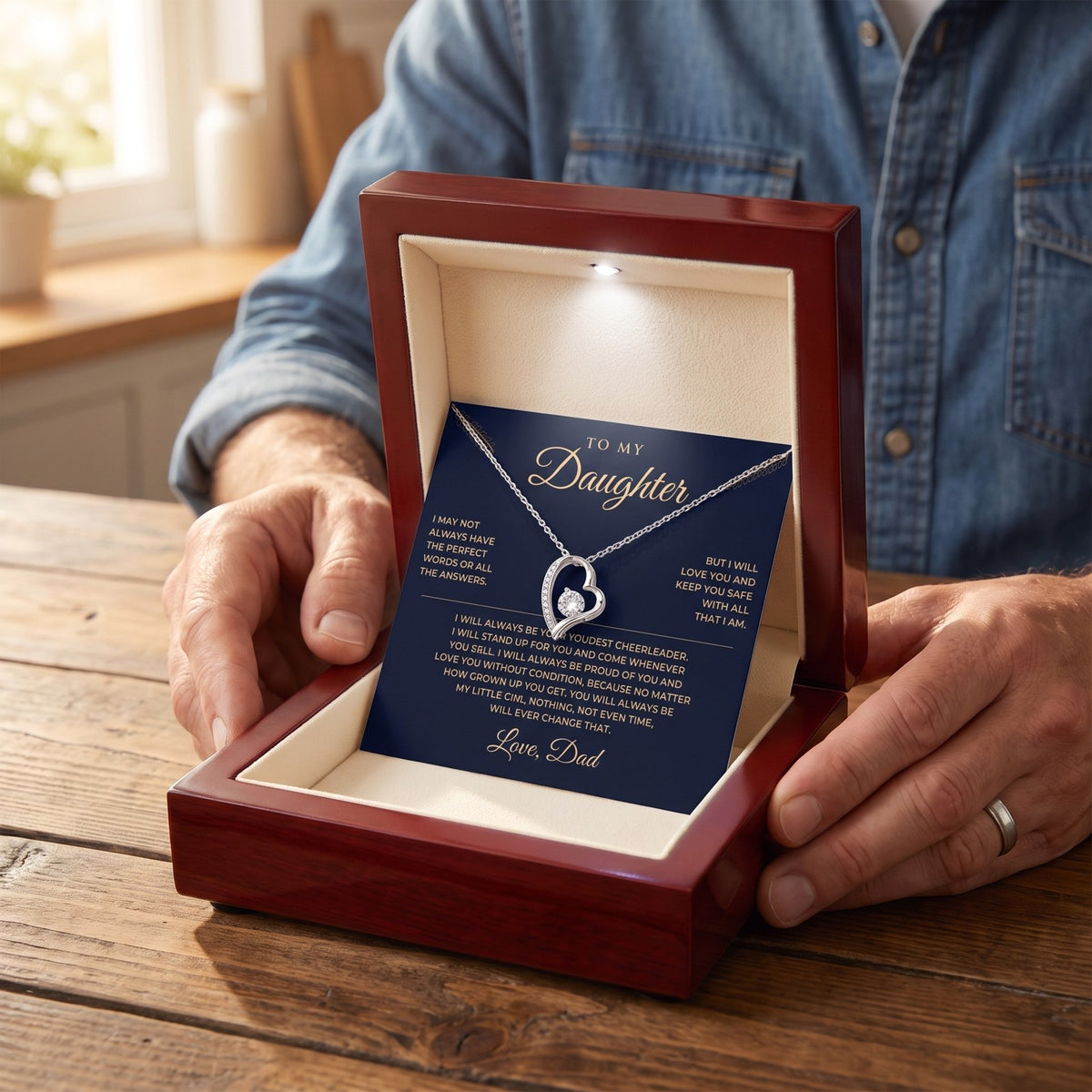 Dad opening the luxury mahogany box with the message card inside