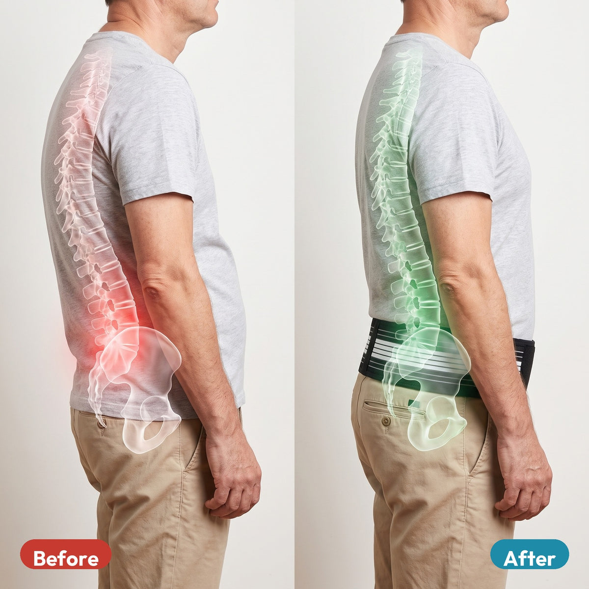 Side view before and after: the pelvis and lower back lined up with the LENDA belt on