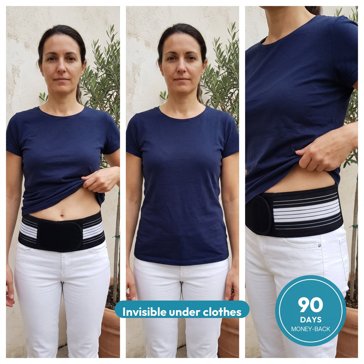 The LENDA belt worn under a T-shirt — invisible under clothes, with the 90-day money-back promise