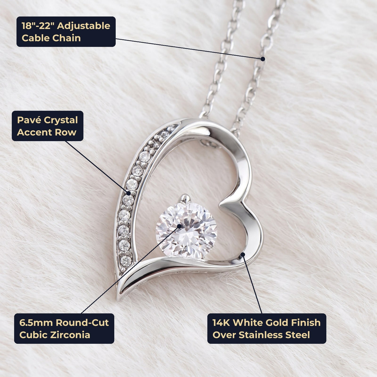 Necklace details: adjustable chain, pavé crystals, 6.5mm cubic zirconia, 14K white gold finish