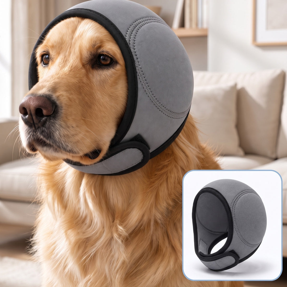 Grey Chicken Dog calming ear muffs on a golden retriever