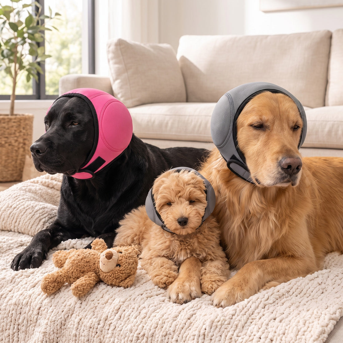 Pink and grey Chicken Dog calming ear muffs on three dogs