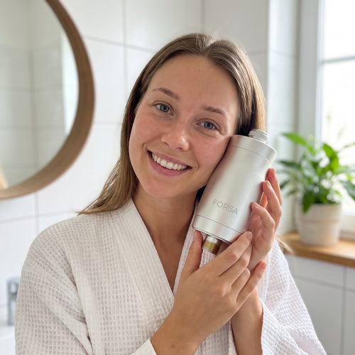 Woman holding the FORSA shower filter in her bathroom