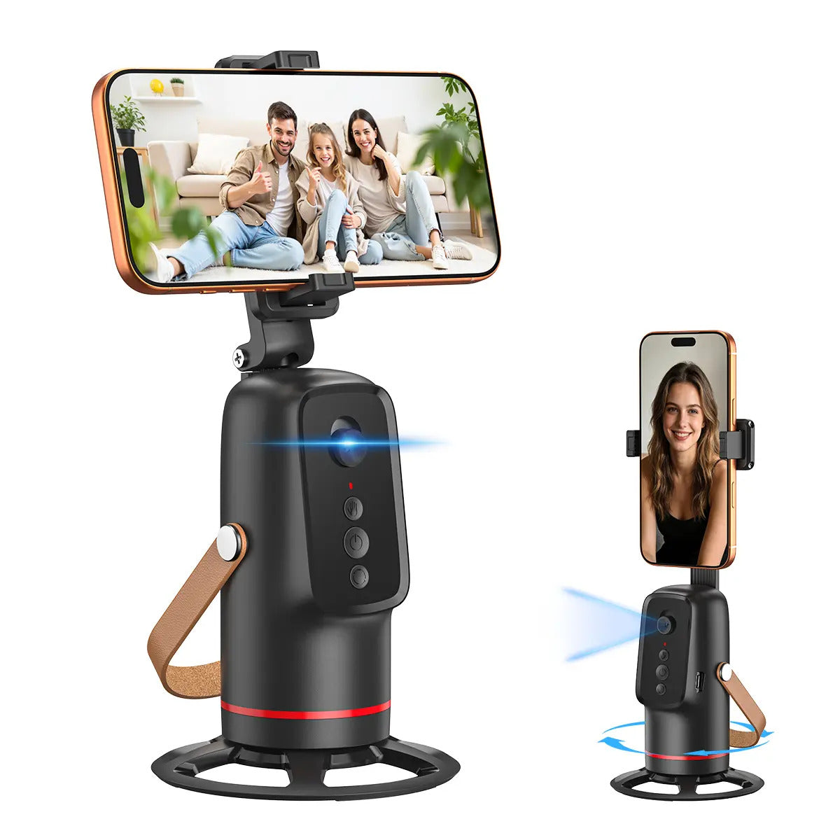 The VIRA auto-tracking phone mount holding a phone, with the rotating base shown from the side
