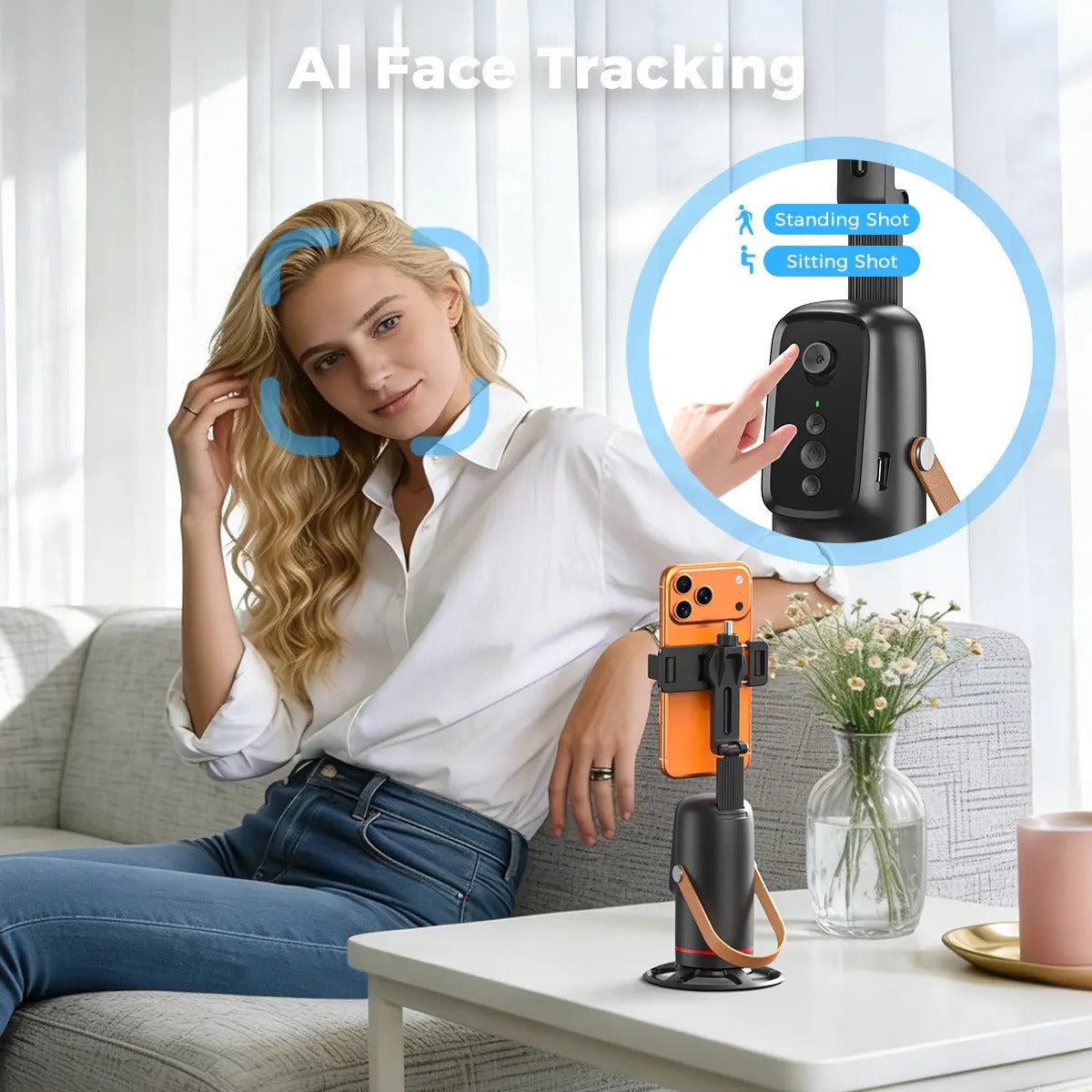 VIRA tracking a face from a coffee table, with the standing and sitting shot button