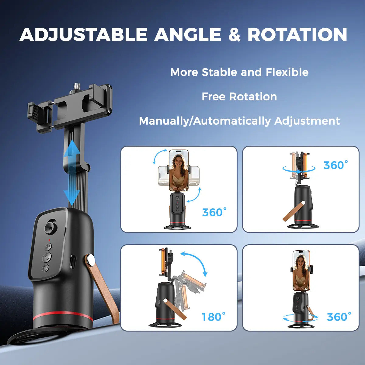 360 degree rotation at the base, 360 on the holder and 180 degree tilt on the arm