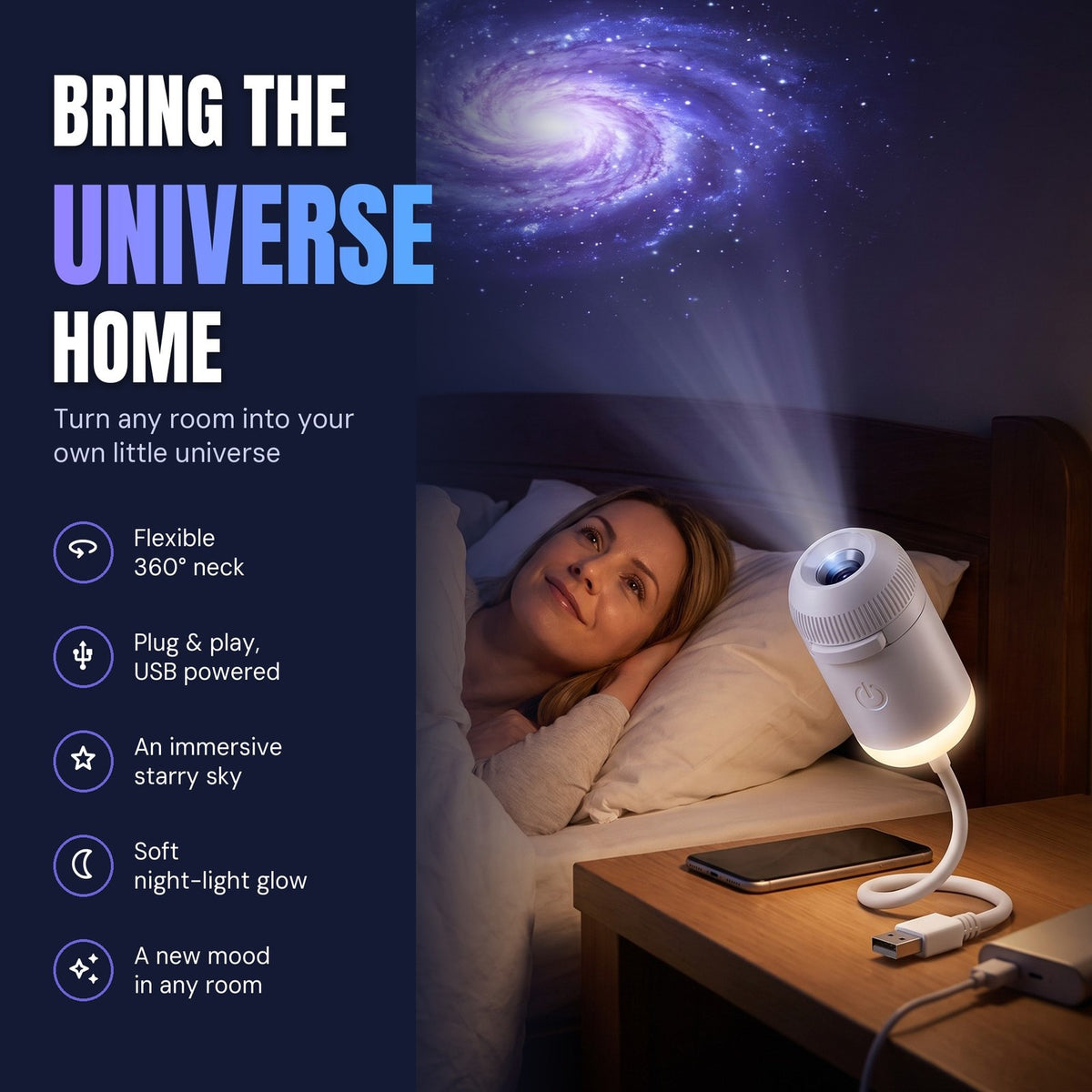 HIMLA projecting a galaxy over the bed