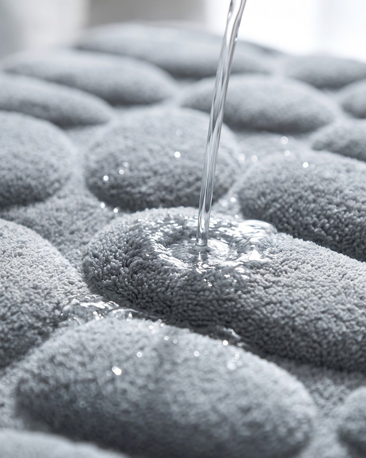 Water beading and soaking into the velvet pebbles