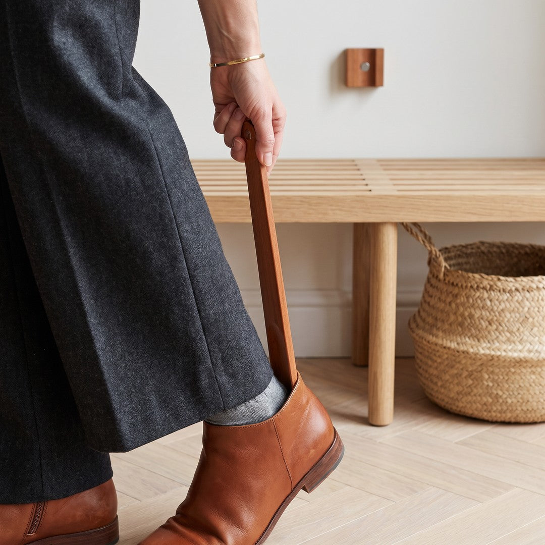 Slipping on an ankle boot with the long wooden shoehorn