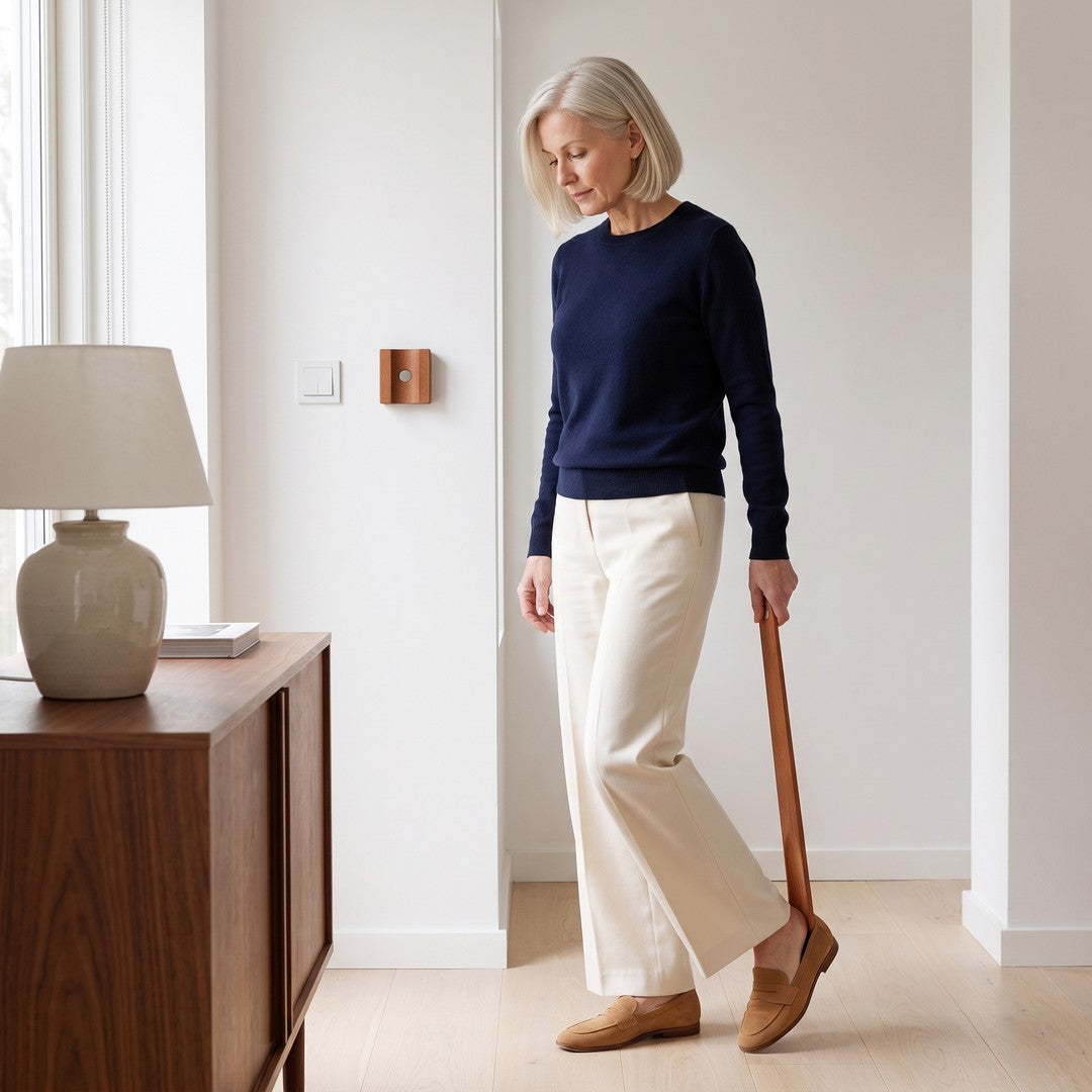Putting on a loafer standing upright with the 55 cm shoehorn