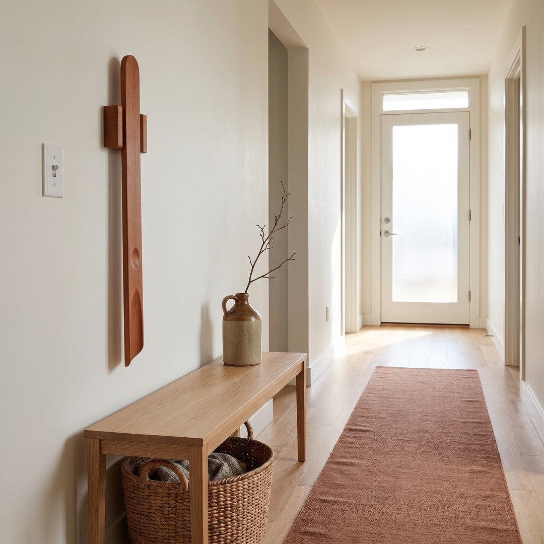 KLIVA shoehorn on the wall above an entry bench in a bright hallway