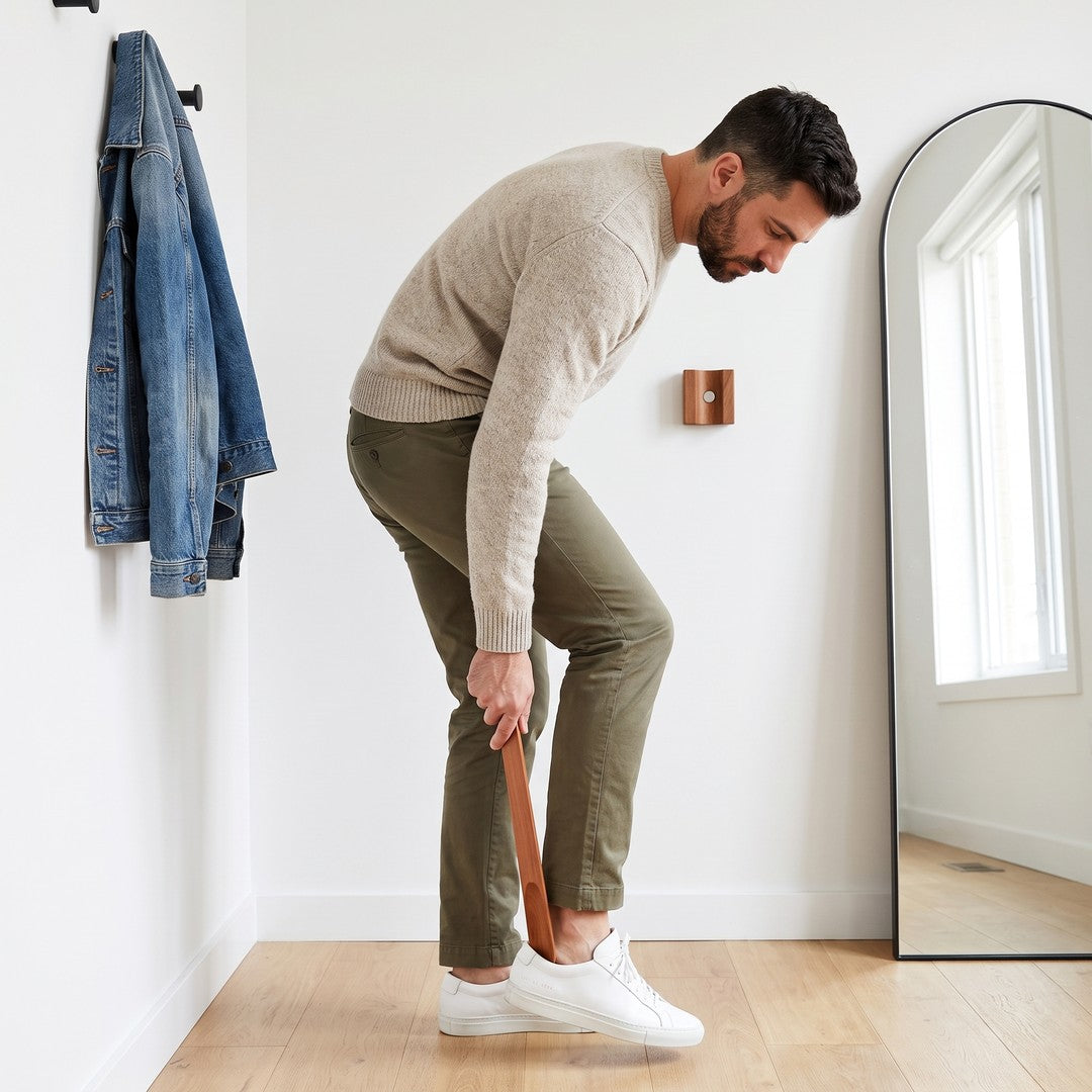 Using the shoehorn by the hallway mirror