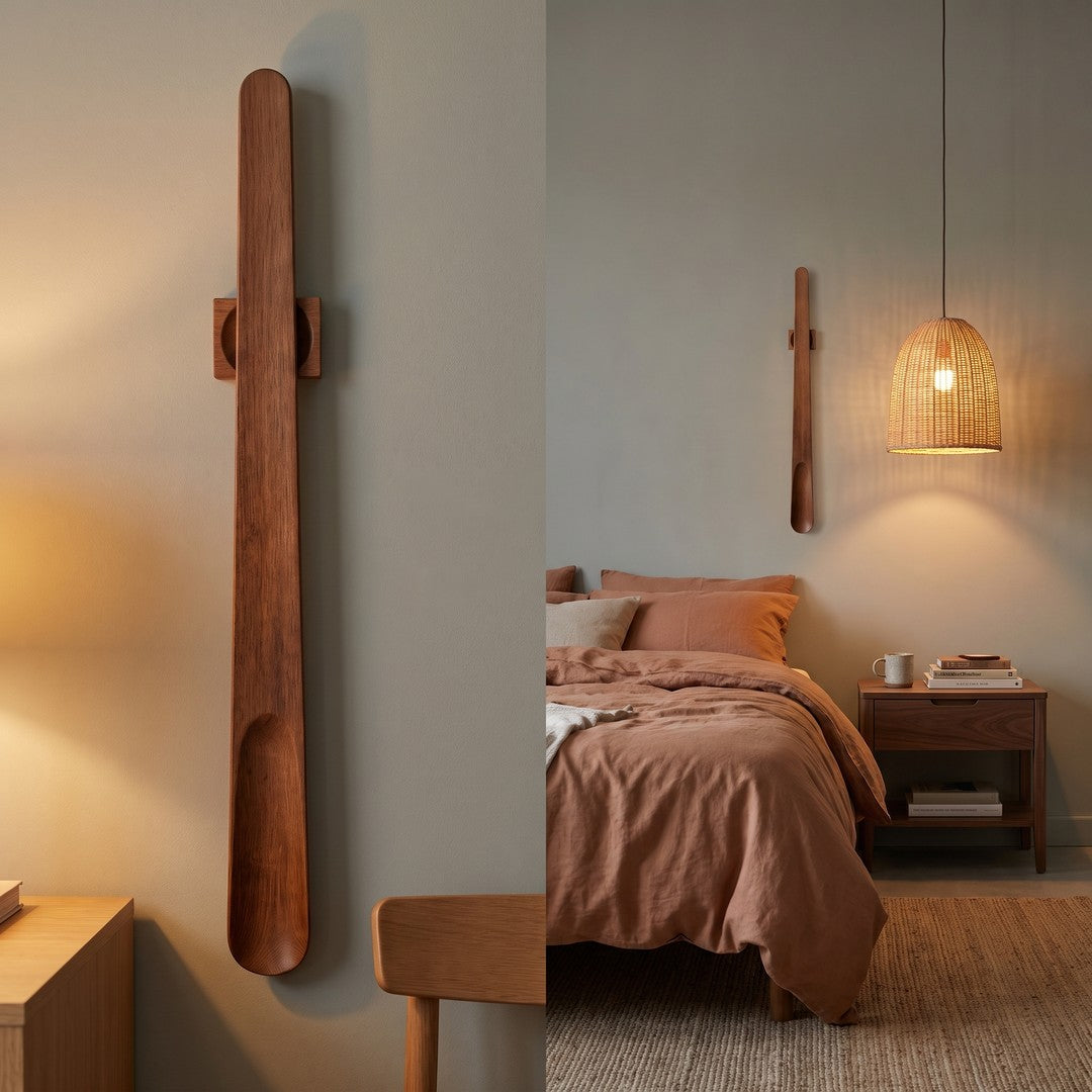 The KLIVA shoehorn on a grey wall beside a warm room