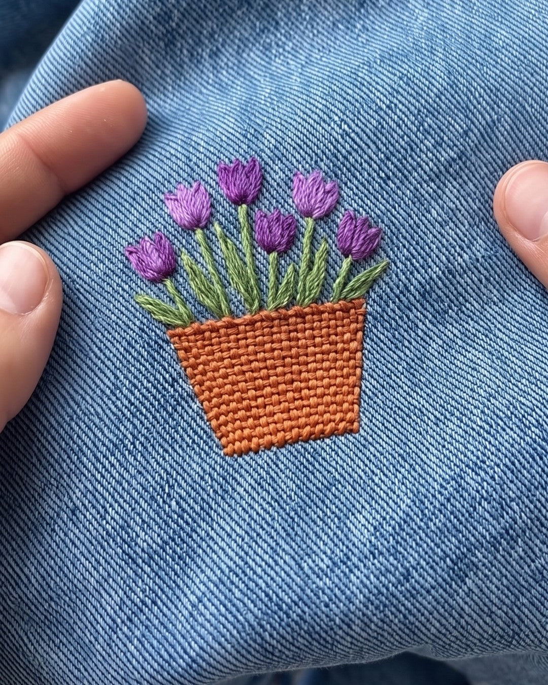 A woven flower pot with purple tulips on a denim jacket