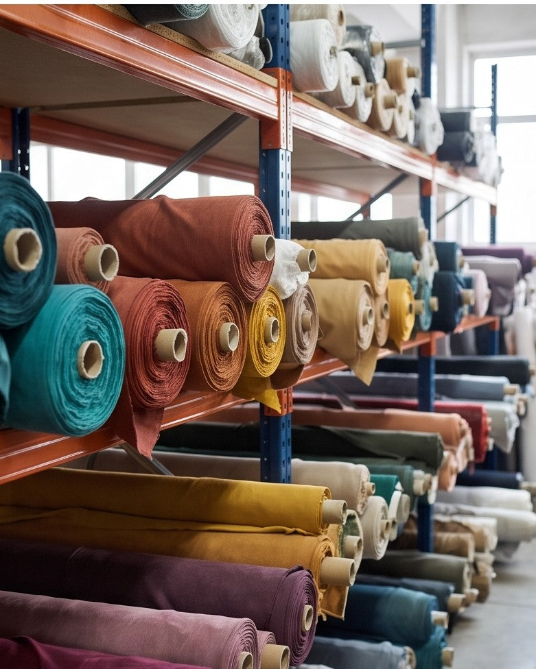 Rolls of fabric on warehouse shelves