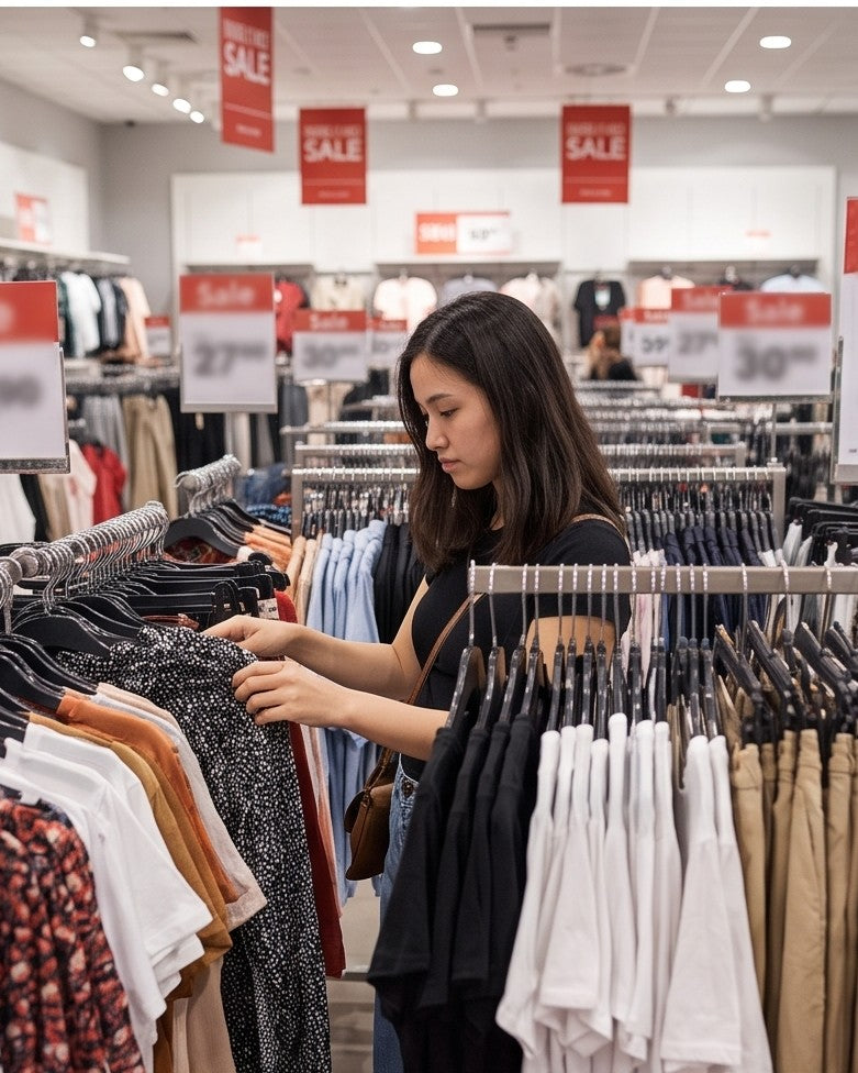 A shopper at crowded sale racks