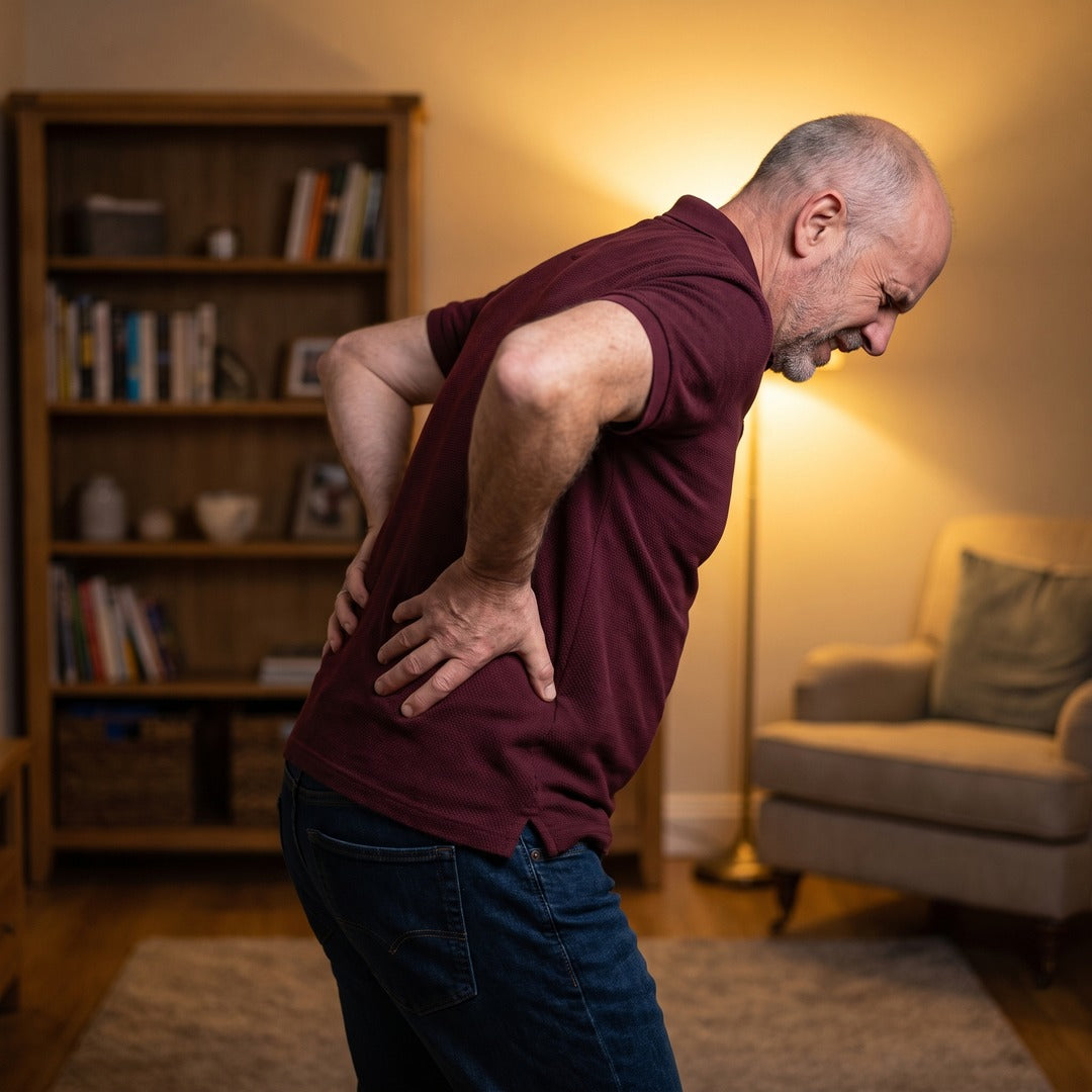 A man at home holding his lower back in pain