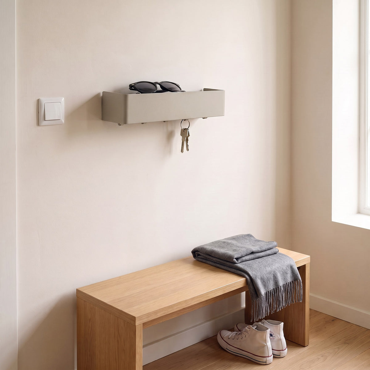 Key Shelf mounted at chest height in an entryway