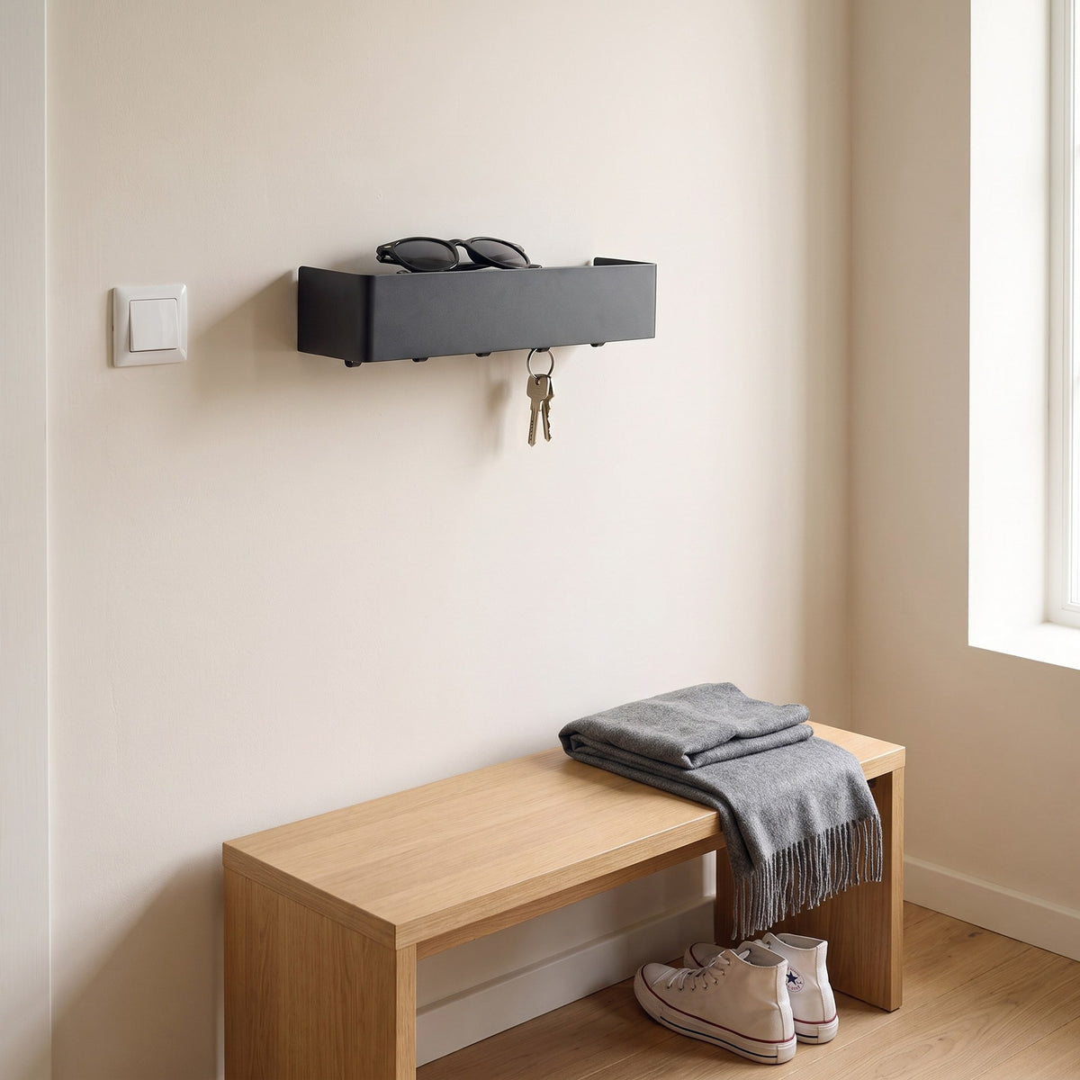 Key Shelf mounted at chest height in an entryway