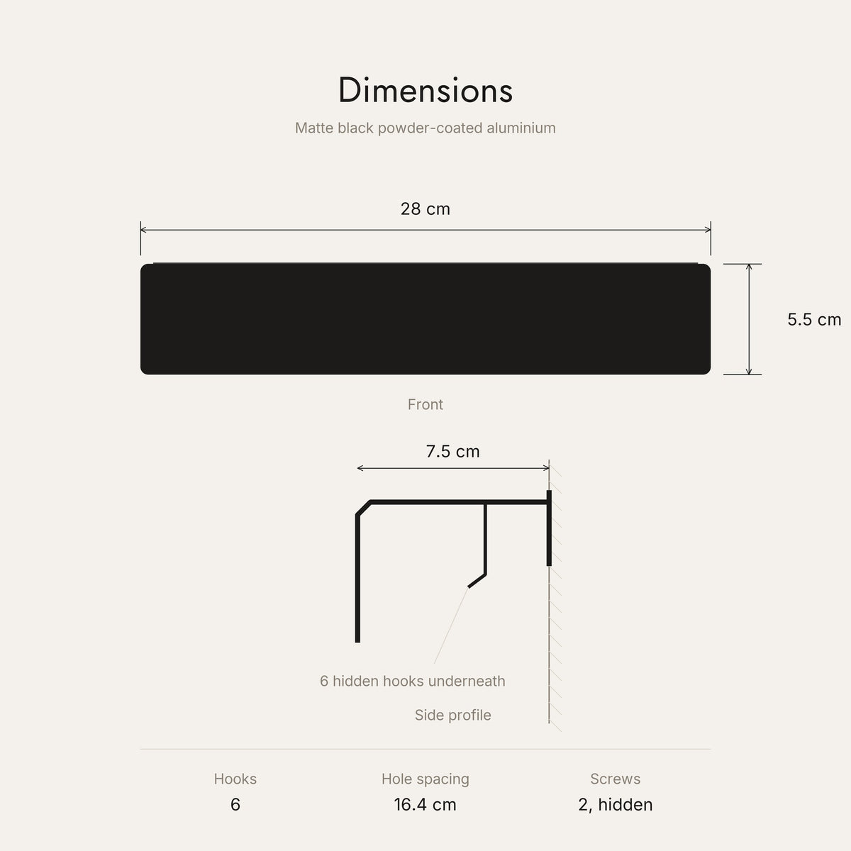 Key Shelf dimensions 28 x 5.5 x 7.5 cm