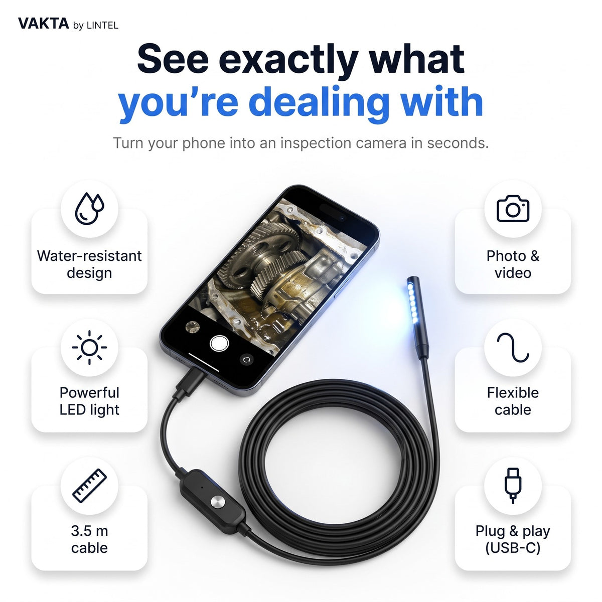 VAKTA features: water-resistant, LED light, 3.5 m cable, photo and video, flexible cable, USB-C