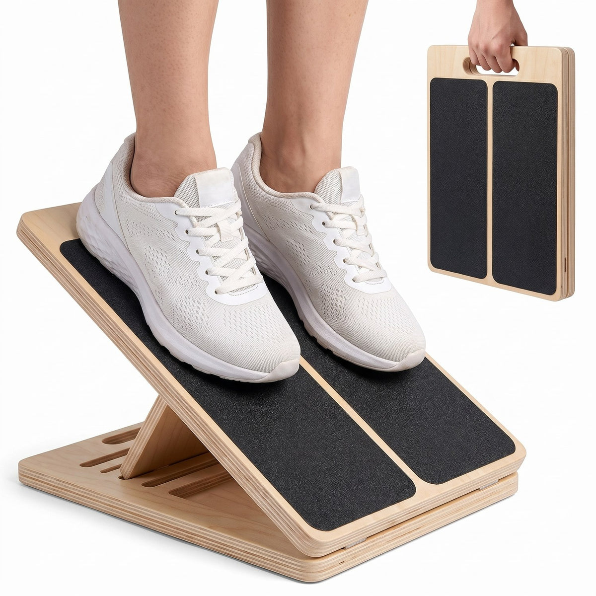 Standing on the Incline Stretch Board, with a second board folded flat