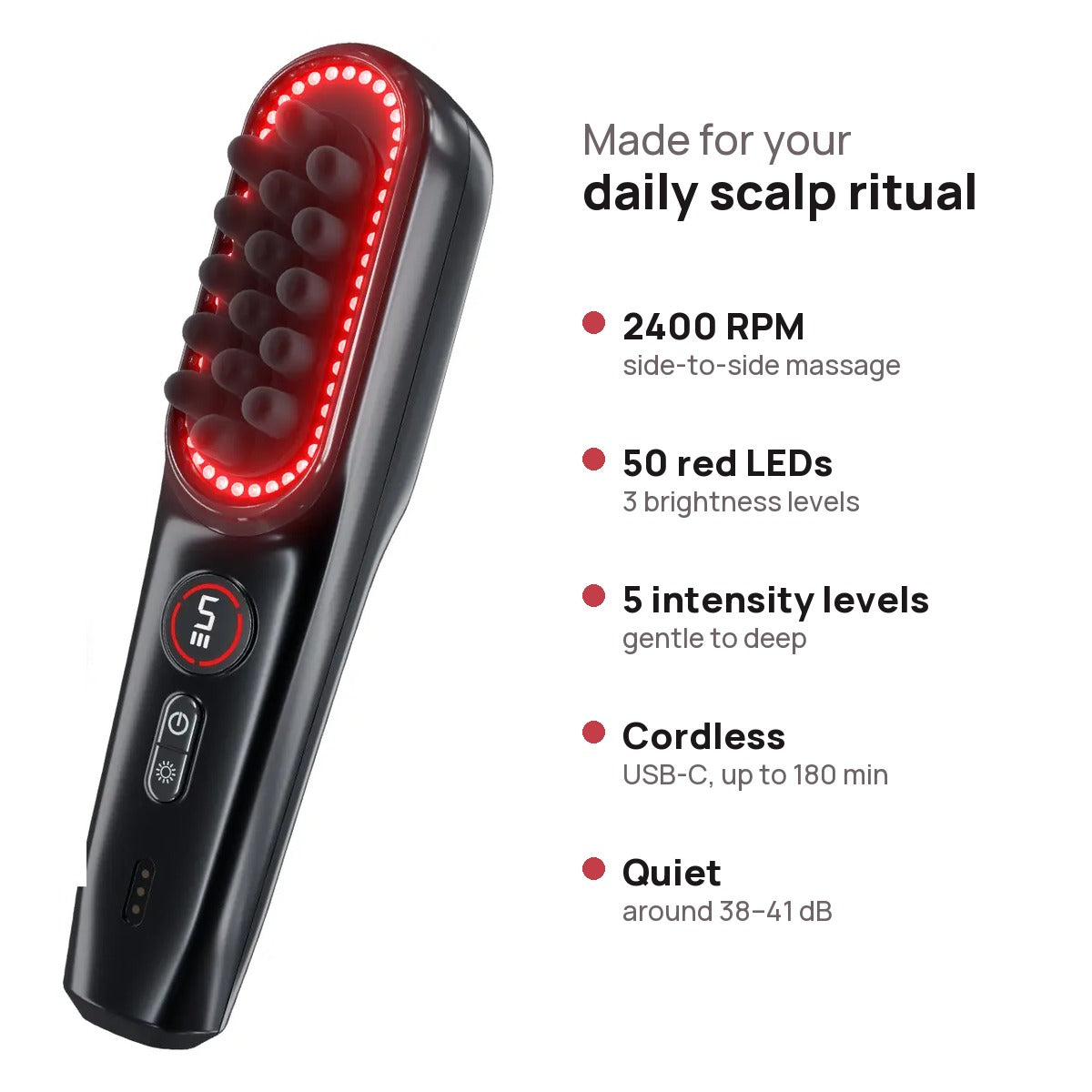 PIRRA features: 2400 RPM, 50 red LEDs, 5 levels, cordless