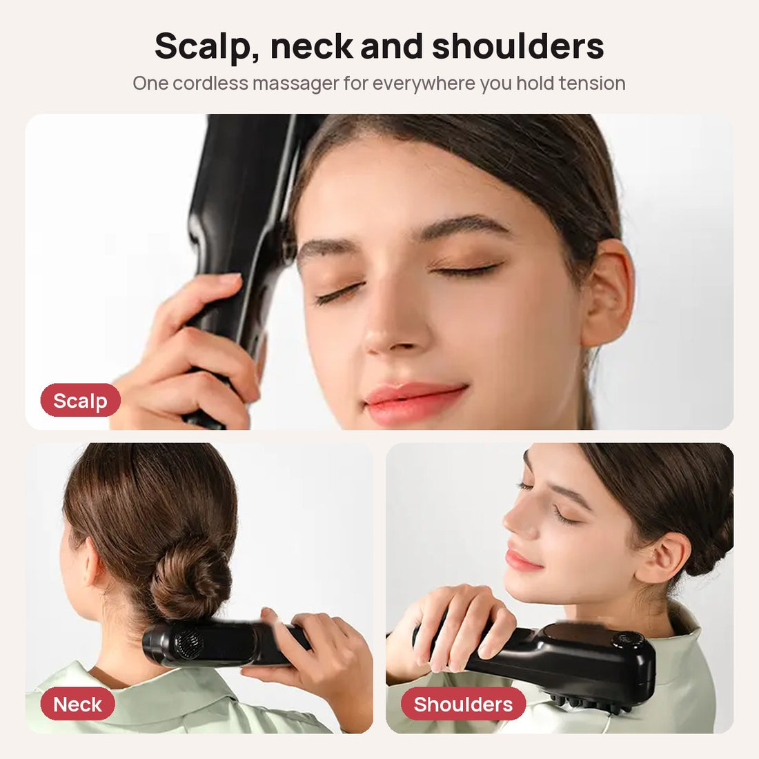 Use the PIRRA massager on scalp, neck and shoulders