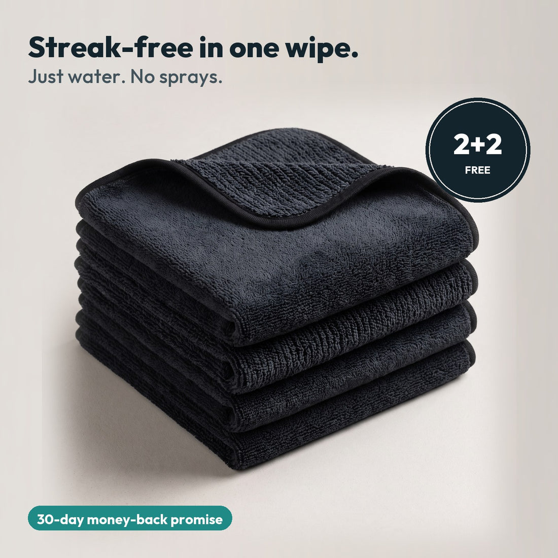 Stack of black PUTSA microfibre drying cloths