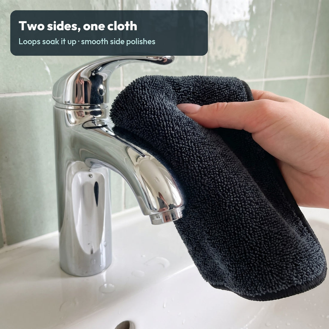 Drying a chrome tap with the twisted-loop side of the PUTSA cloth
