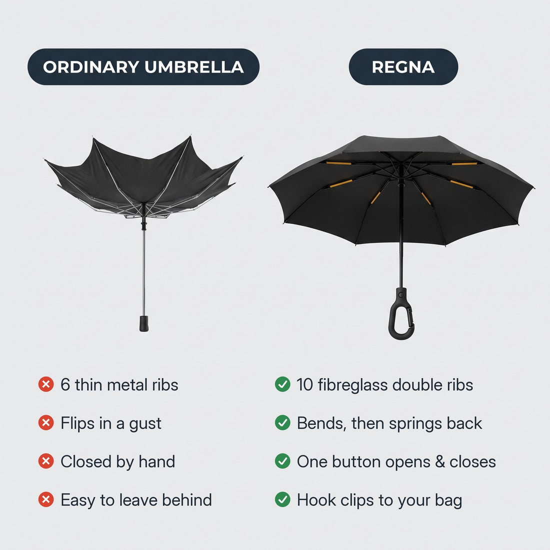 Ordinary umbrella vs REGNA storm umbrella