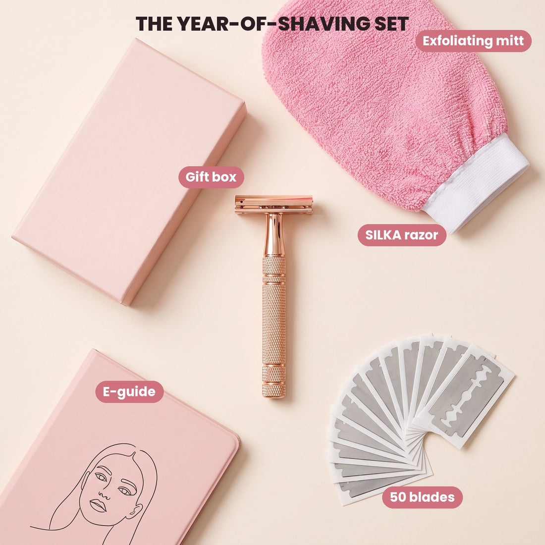 The SILKA year-of-shaving set: razor, 50 blades, exfoliating mitt, e-guide, gift box