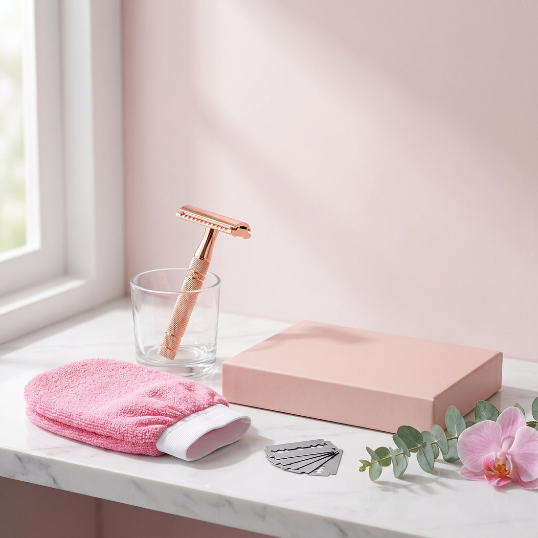 SILKA razor set on a bathroom shelf