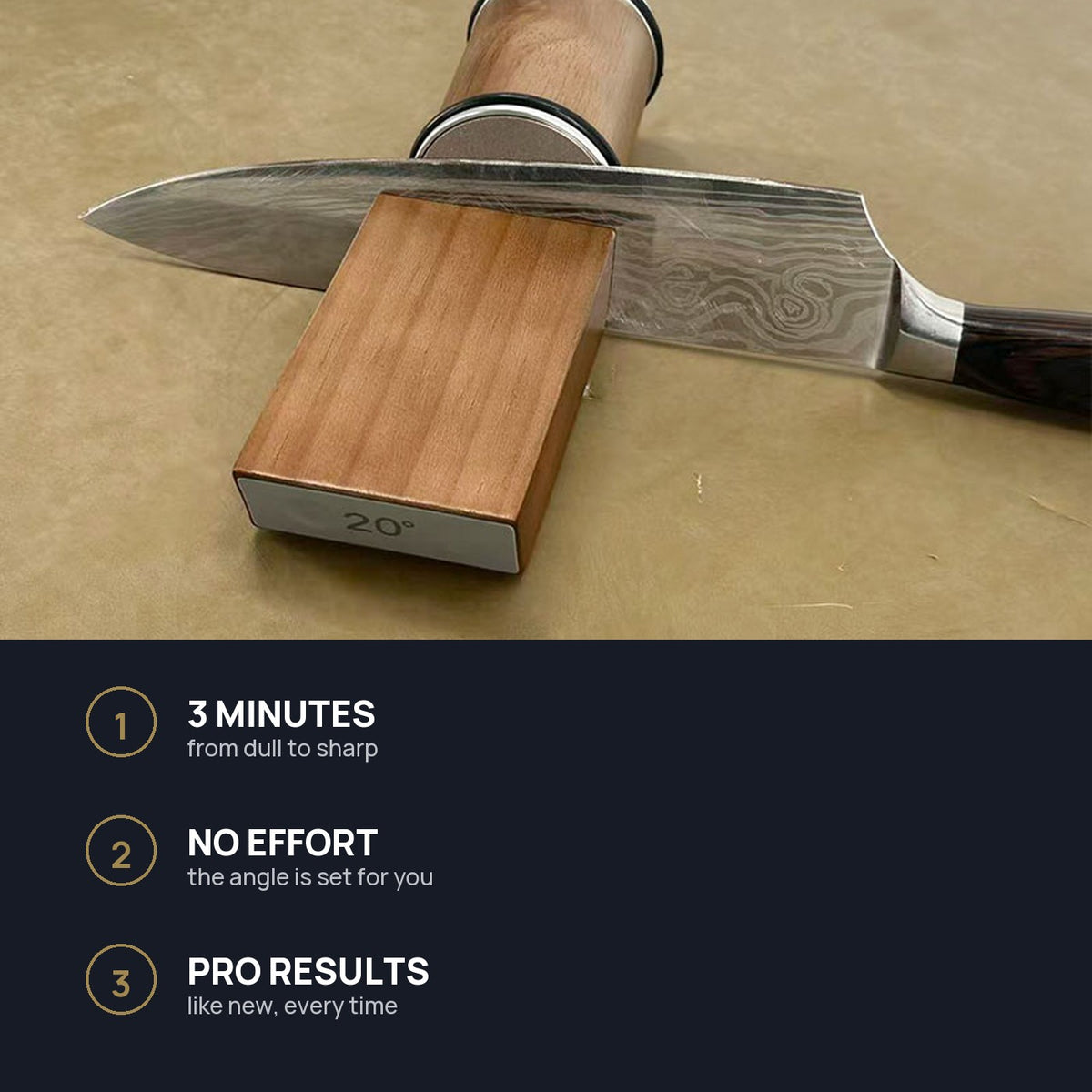 Knife resting on the SLIPA 20 degree block: three minutes, no effort, pro results