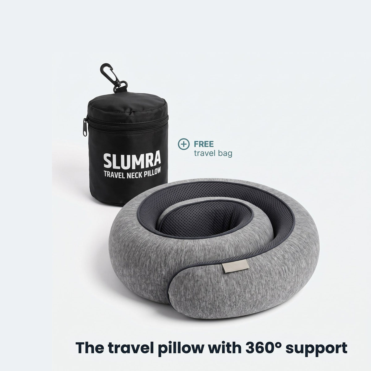 SLUMRA 360 travel neck pillow in grey with its free travel bag