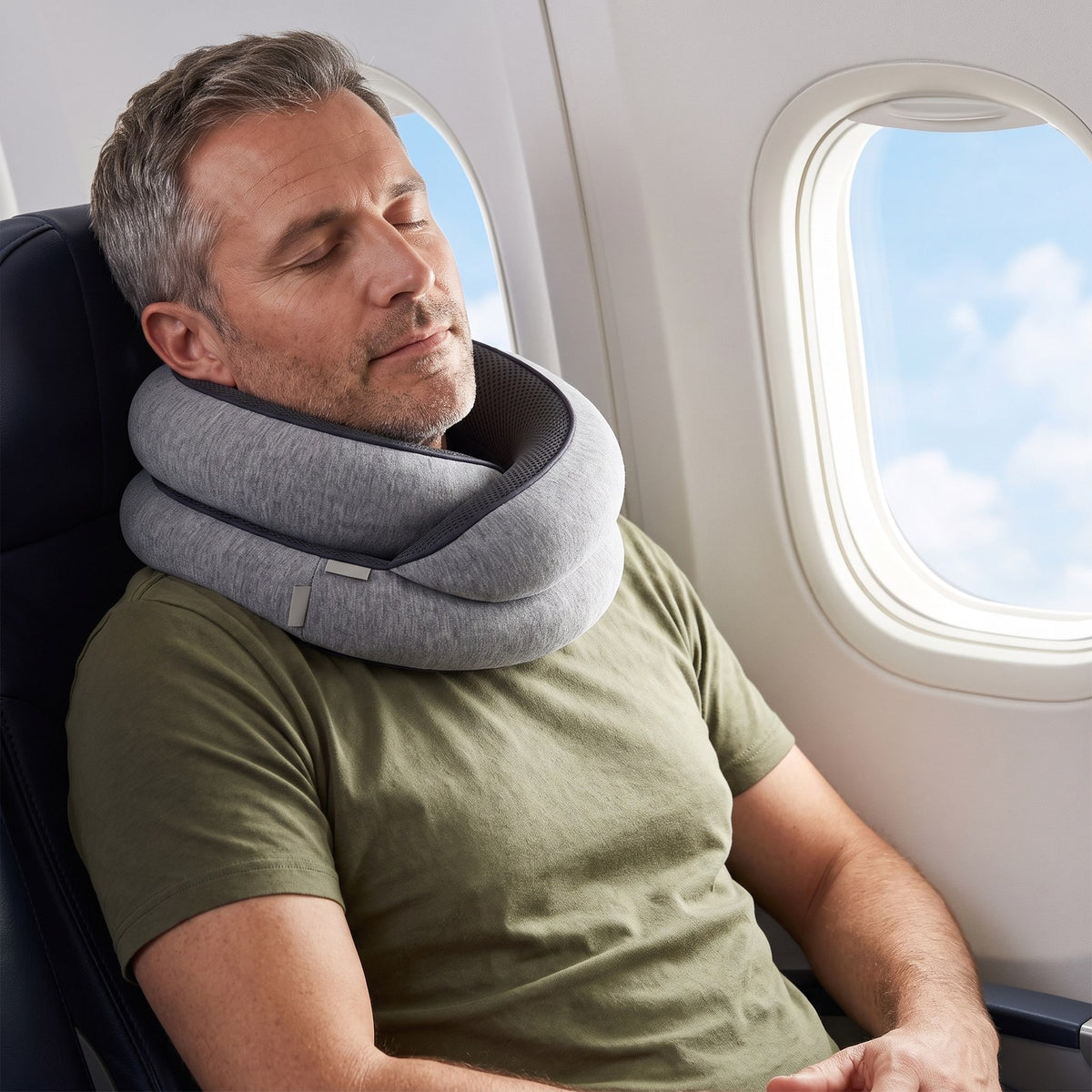 Man asleep upright in a plane seat wearing SLUMRA