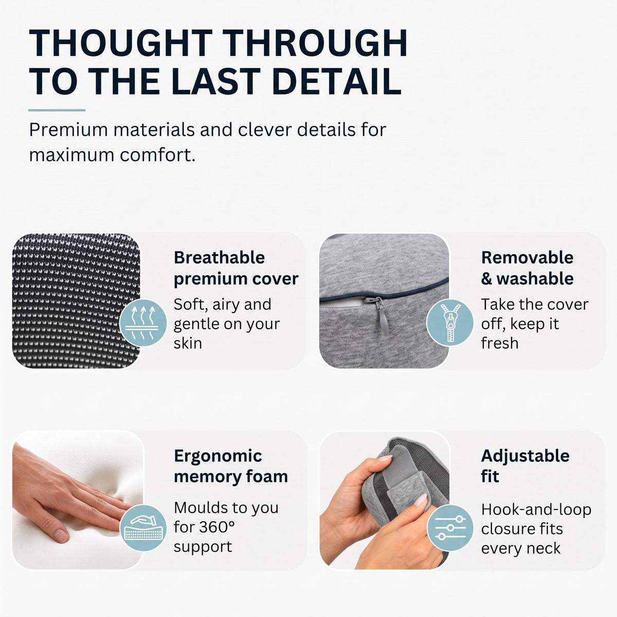 Breathable cover, washable, memory foam, adjustable fit