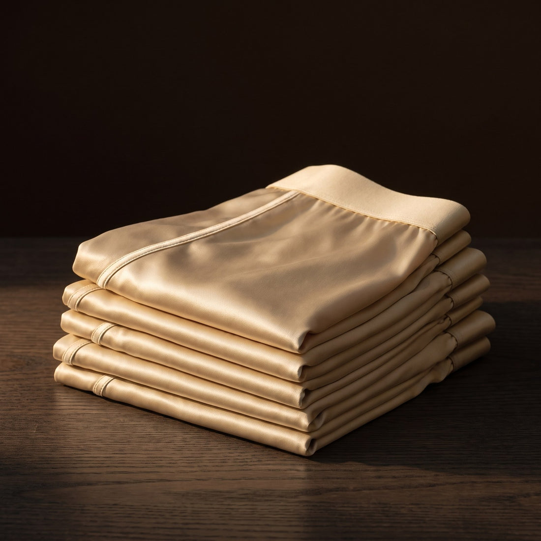 Stack of beige SVALKA silk boxers
