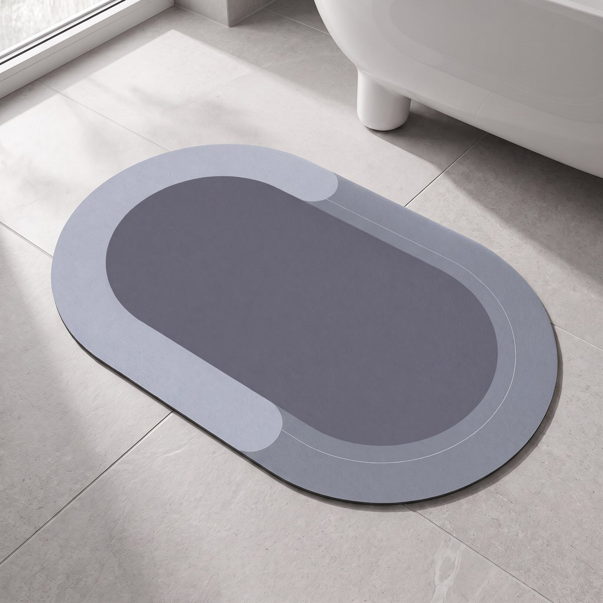 The Quick-Dry Mat in light blue on a stone bathroom floor