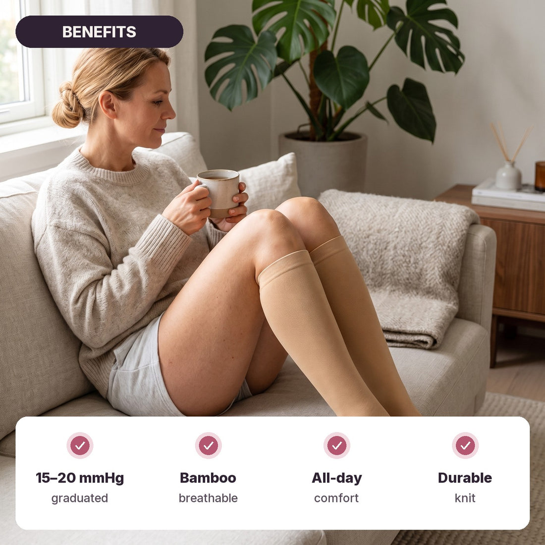 Beige — TRAMPA bamboo compression socks: graduated 15-20 mmHg, breathable bamboo, all-day comfort