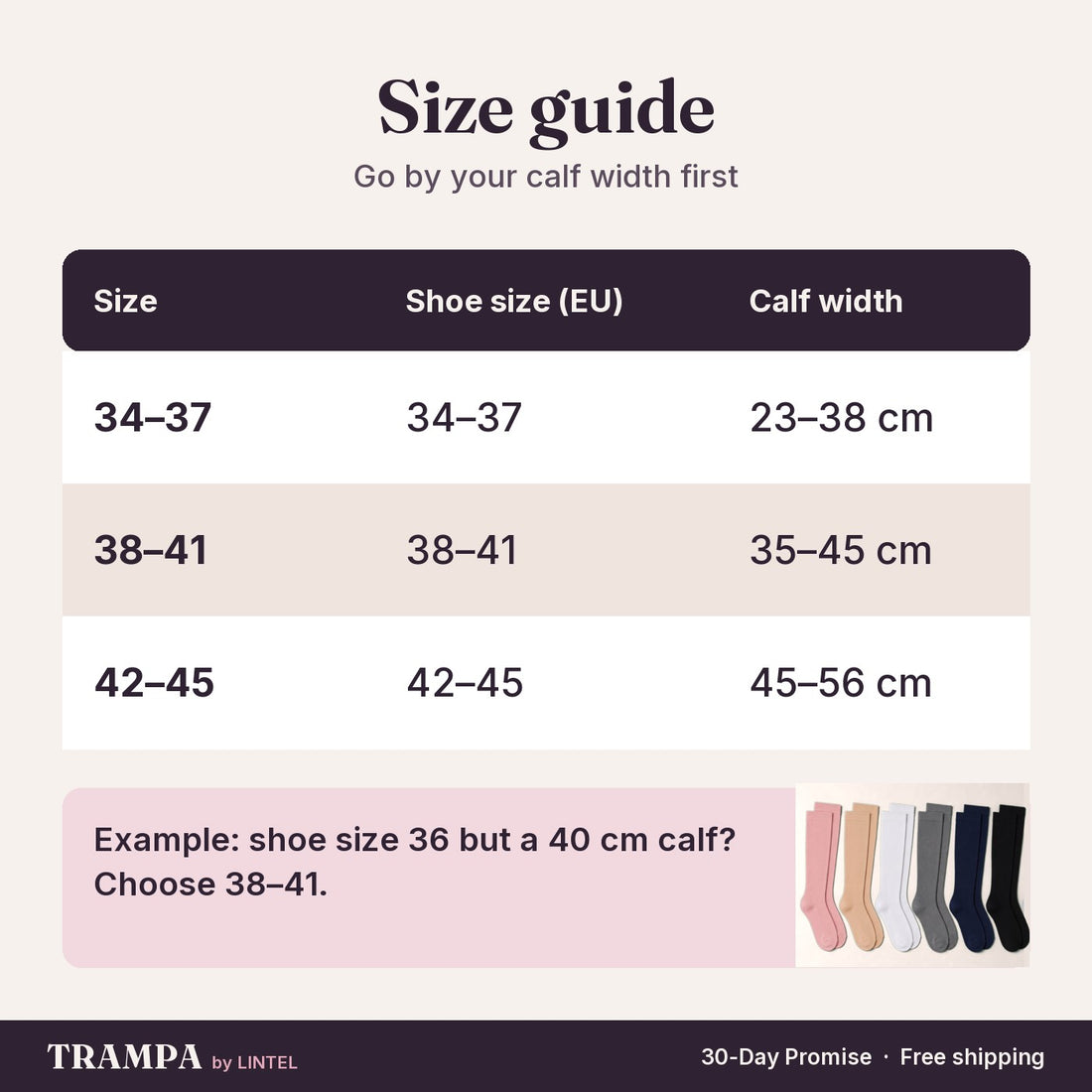 Size guide: 34-37, 38-41, 42-45 by calf width