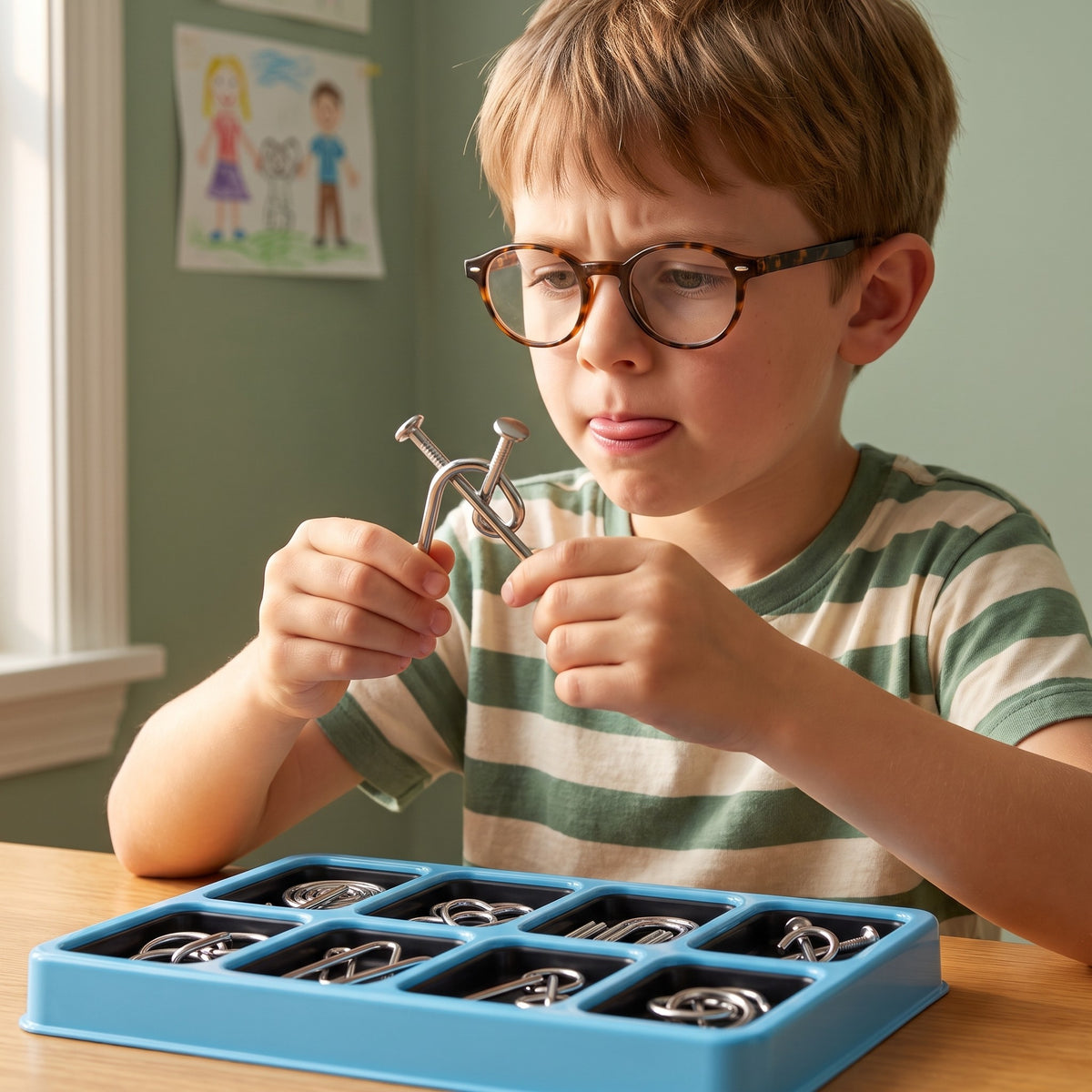 Boy in glasses concentrating on a metal wire puzzle