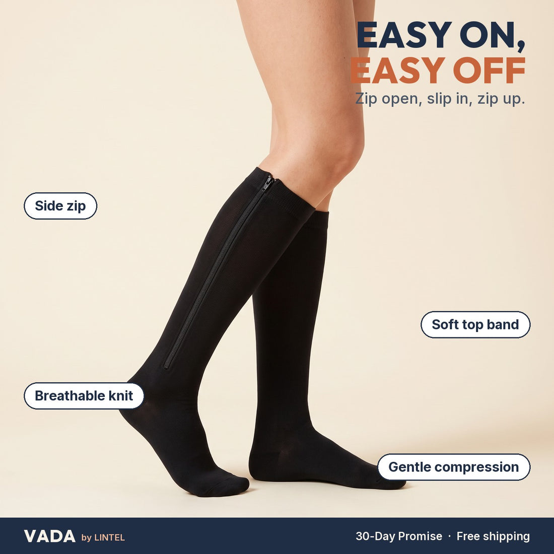 Black — VADA zip compression socks: easy on, easy off, side zip, soft top band