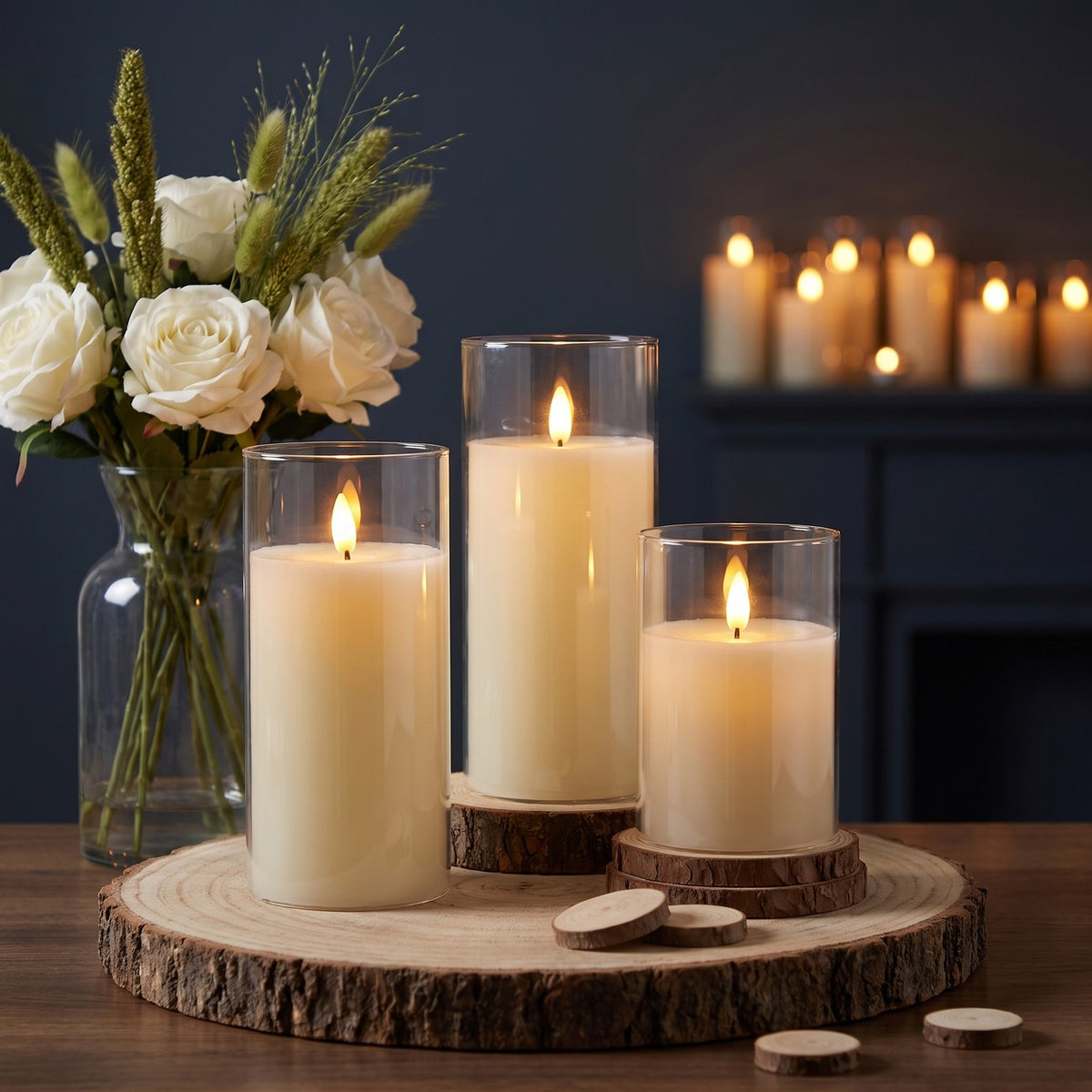 Clear VEKE candles on a wood slice as an evening table centrepiece