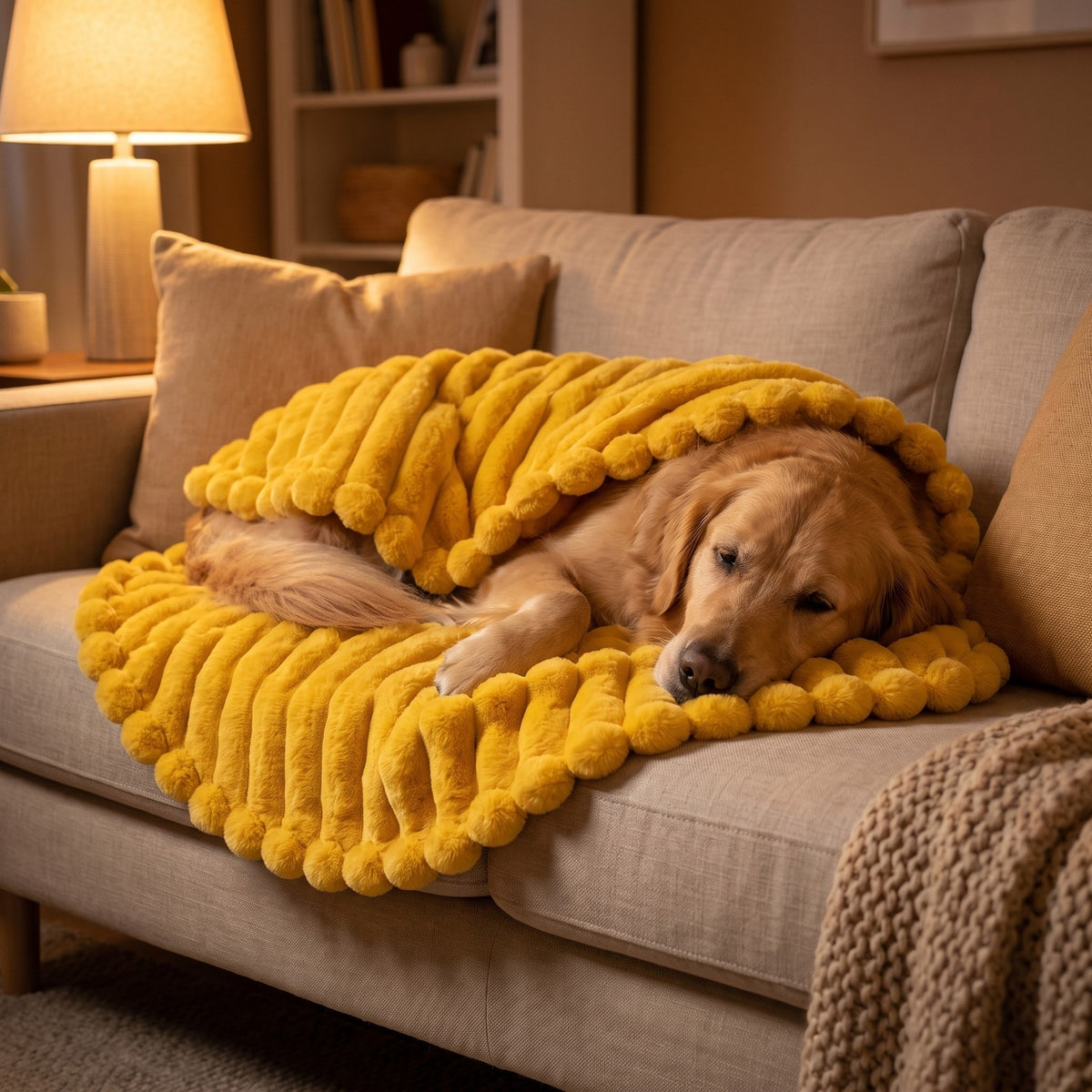 Golden retriever relaxing in the VOFFA blanket on the sofa